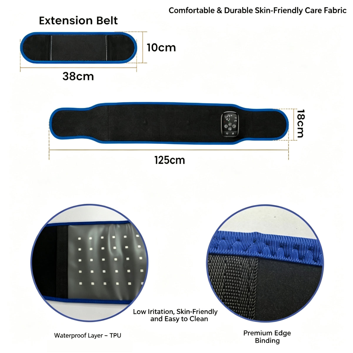 UOYO 120 LED waist belt dimensions 125 x 18 cm with 38 cm extension belt