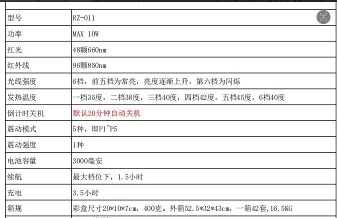 UOYO RZ-011 red light therapy knee massager specification sheet