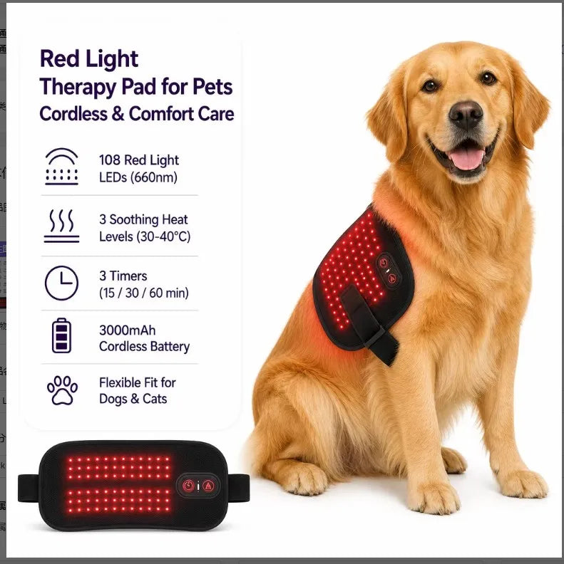 UOYO 108 LED red light therapy pad worn by a golden retriever